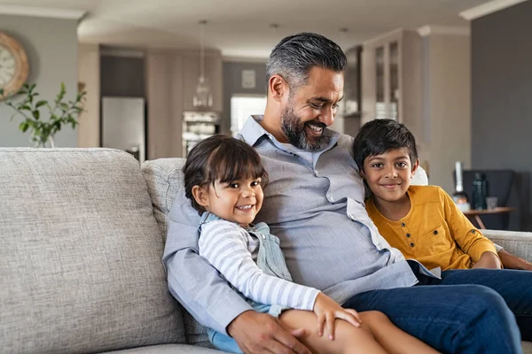 Happy Daughter Smiling Son Relaxing Father Couch Home Lovely Man — Stock Photo, Image