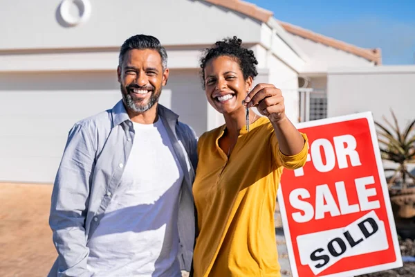 Portrait Happy Mixed Race Couple Holding House Keys Standing Sold — Stock Photo, Image