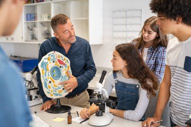 Fen laboratuvarında üniversite öğrencilerine hücre modelini açıklayan olgun bir öğretmen. Biyoloji profesörü kızlara ve okuldaki erkeklere hücre yapısını öğretiyor. Çok ırklı lise öğrencileri biyoloji dersinde biyoloji yapısını okul laboratuarında anlıyorlar..