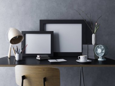 3D tasarım, modern ev ofis çalışma alanı iç ayakta beton duvarın önünde yan yana siyah çerçeve iki boş beyaz poster şablonunun kadar alay