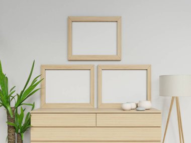 gerçekçi 3d rahat eve iki a3 boş posteri ile iç çekmece görünümü ön tasarım vitrin için mükemmel oturan dikey ışık ahşap çerçeve ile alay etmek yukarıya çizmek render
