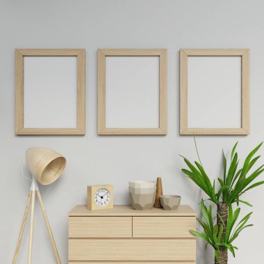 3D çizim görünümü İskandinav evi iç üç a2 boyutu poster sahte ahşap çerçeve asılı dikey yaşam alanı önünde gri Duvar ile kullanıma hazır hale