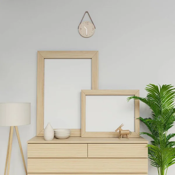 photorealistic 3d render of simple scandinavian house interior with two a1 and a2 empty poster mockup template with wooden frame sitting on contemporary drawer in living room in front camera view