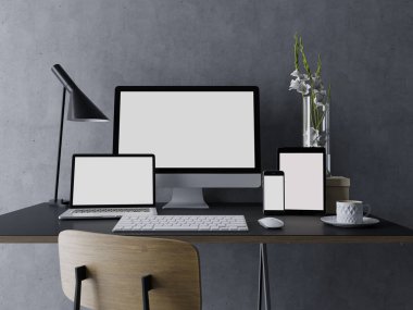 3D çizim render mockup şablonunun iş istasyonu, tablet, laptop ve düz ön görünüm trendy Danışma telefonu zarif çalışma alanında web tasarım portföy için boş beyaz ekran