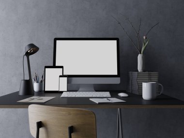 gerçekçi mockup tasarım şablonu tasarım portföyü ile bilgisayar, tablet ve telefon siyah resepsiyon ve beton duvar önünde çağdaş çalışma alanında boş beyaz ekran 3D çizimi görüntülemek