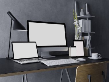 3D mockup tasarım modern işyeri Masaüstü, sekme, dizüstü bilgisayar ve telefon şık siyah resepsiyon ve üç çeyrek görünümünde gri duvar kapalı web önizleme için temiz beyaz monitör ekranının resmi