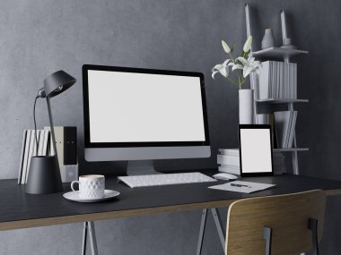 3D mockup tasarım, web tasarımı ve Kullanıcı arabirimi sununuzu masaüstü ile modern çalışma alanında ve üç çeyrek görünümünde şık şık Resepsiyon tablete beyaz ekran gösterimi