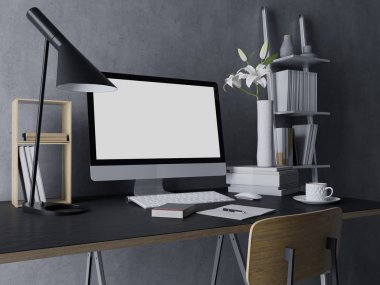 mockup şablon boş beyaz ekran ile pc üzerinde üç çeyrek perspektif görünüm siyah tasarımcı danışma merkezinde zarif ev ofis çalışma alanı tasarım ve UI tanıtımı için / 3D render