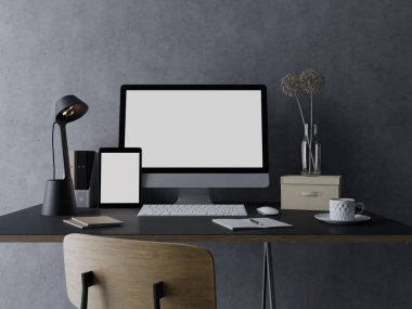sahte tasarım şablon bilgisayar ve tablet ile dağınık designer Danışma önünde siyah trendy çalışma alanındaki web ve apps önizleme için soldaki boş beyaz ekran 3D render görüntülemek