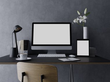 3D mockup tasarım şablonu web tasarımınız için boş beyaz ekran gösterimi görünümü modern tasarımcı çalışma alanında iş istasyonu ve şık şık resepsiyon ve gri duvar önünde tablet ile Önizleme