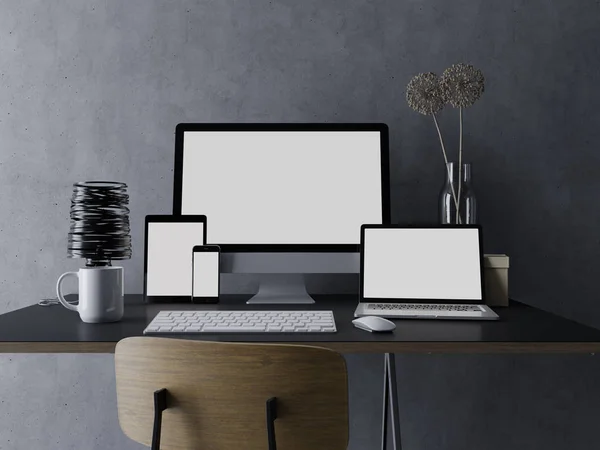 3d rendering of beautiful mock up of white screen for your design showcase on modern designer workspace with pc in center, laptop on right and tablet on the left on stylish desk in front camera view