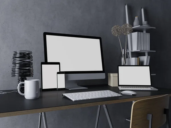 渲染模拟模板的空屏幕为您的投资组合在设计师办公桌上与工作站 平板电脑 手机和笔记本电脑在时尚的黑色表在三个季度的透视视图 — 图库照片