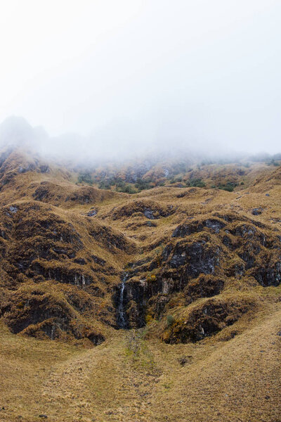 Low clouds and yellow grass.