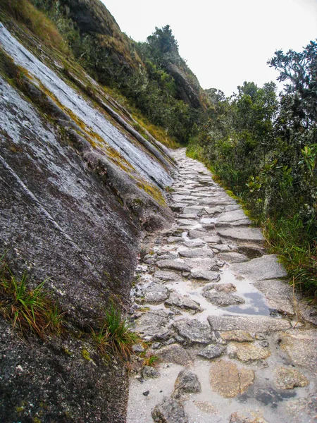 Antik Inca Trail döşeli yolda Machu Picchu zammı. Peru. Hiçbir insan