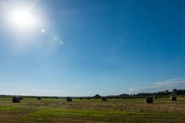 Straw bales with bright sun shining on a green field. Beautiful background image. — Stock Photo, Image