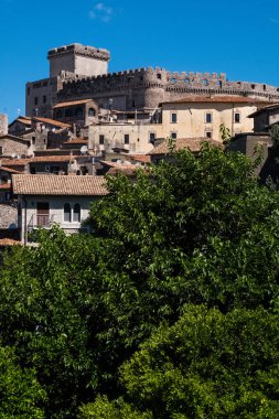 Evler ve kale ağaçlarıyla çevrili bir ortaçağ köyü.