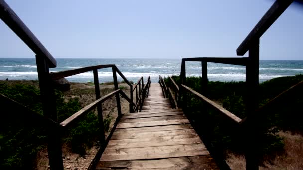 木桥梁为海滩进入以海水和波浪在风景背景 — 图库视频影像