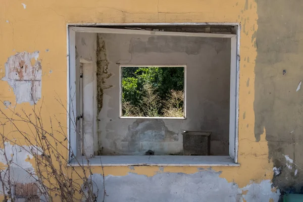 Fenster Einer Abgewetzten Verlassenen Sicherheitskabine Mit Gelben Betonwänden Und Natur — Stockfoto