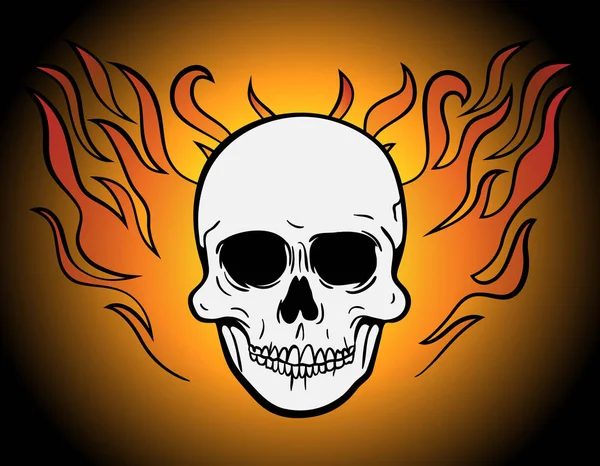 Front View Vector Illustration Human Skull Symbol Logo Fire Wings — Stock Vector