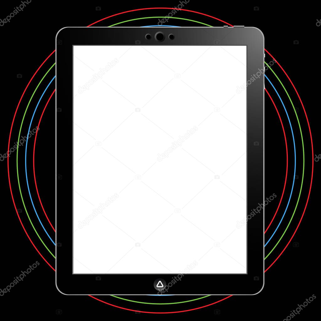 Alternative black tablet with 3D camera and vintage background to use as a mockup for commercial or personal presentations