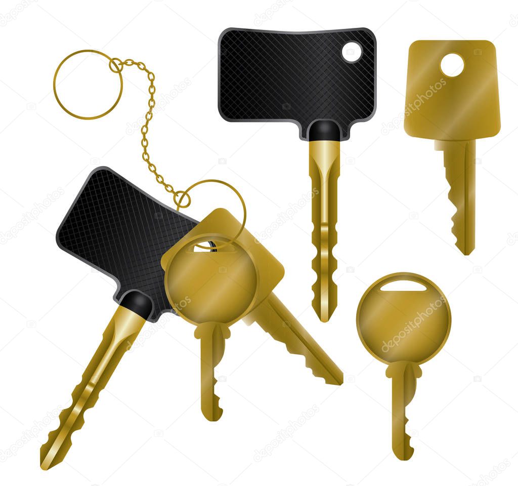 Bunch of different realistic golden keys with chain