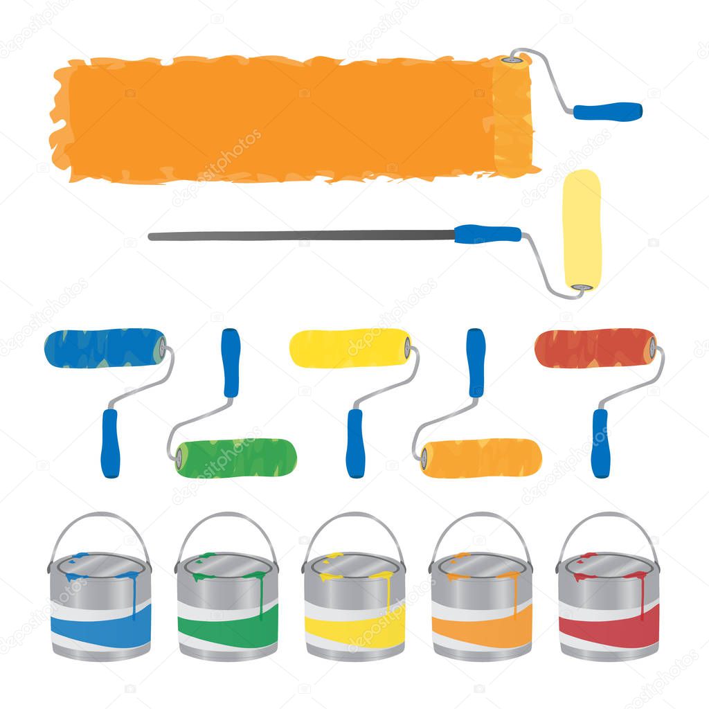 Paint rollers brushes with colorful paint buckets