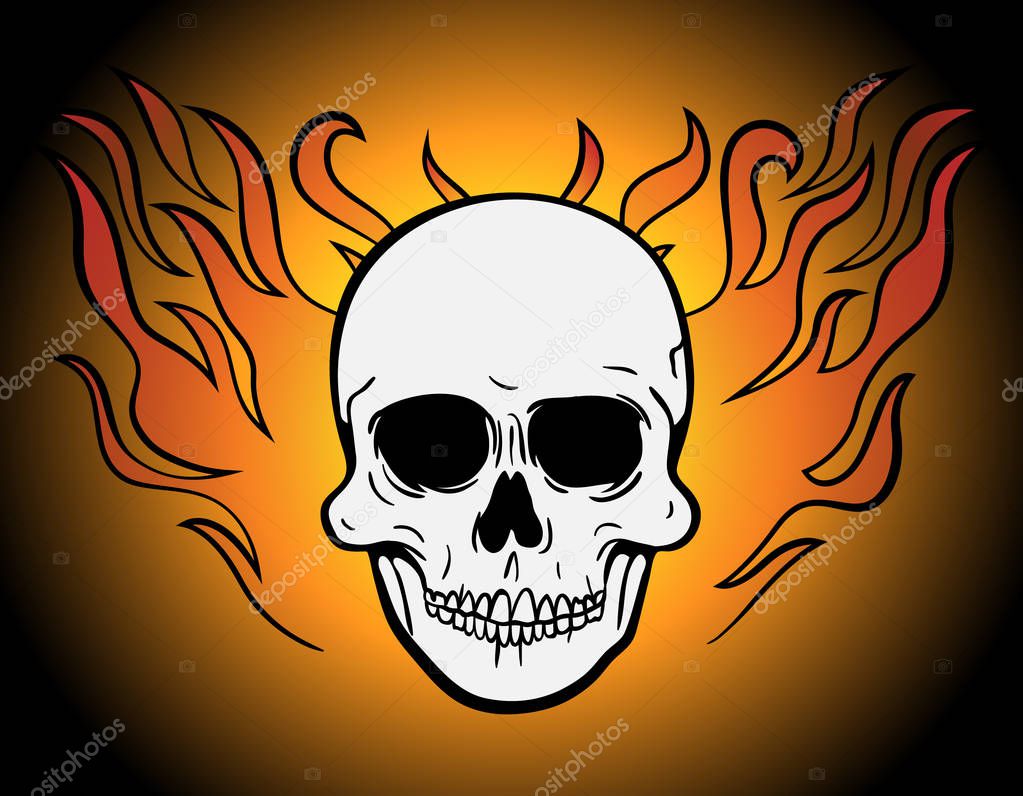 Front view vector illustration of a human skull symbol or logo with fire wings or hair