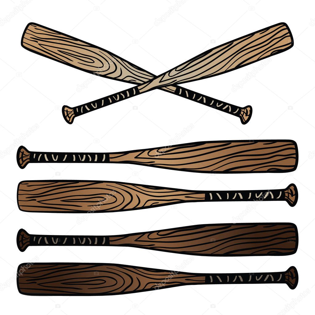 Wooden baseball bats in three colors and cartoon style