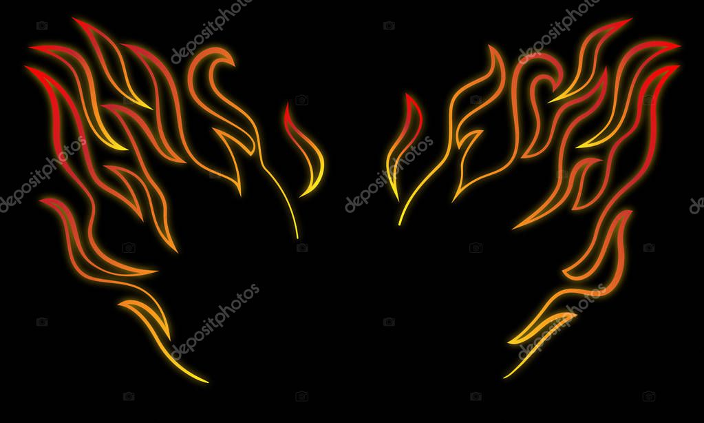 Stylized and minimalist fire wings vector illustration in cartoon line art with glow and dark background