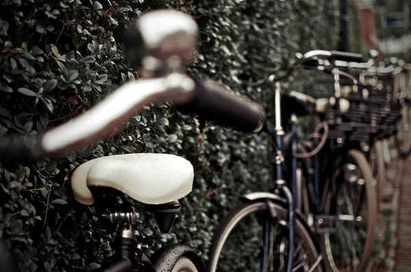 Ciudad Bicicleta Apoyada Contra Una Pared Una Cola —  Fotos de Stock