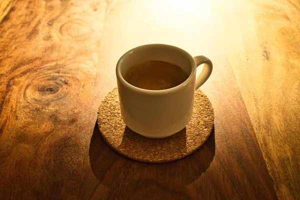 Cup Espresso Wooden Plate Low Sunlight Place Text — Stock Photo, Image