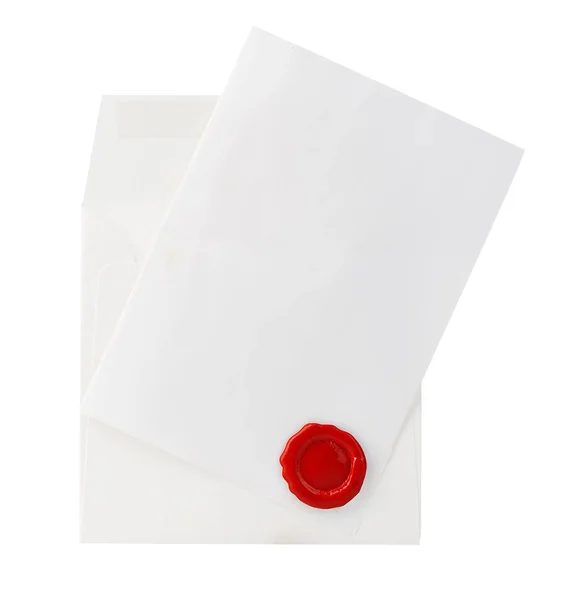 Envelope Correio Com Carta Selo Cera Vermelha Close Isolado Fundo — Fotografia de Stock