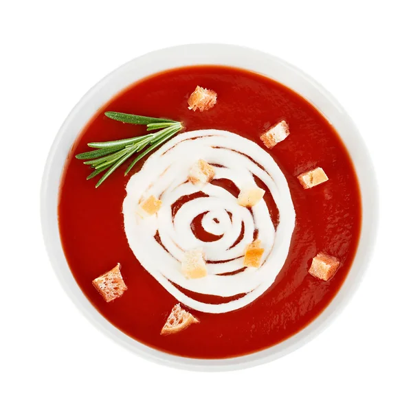 Bowl Tomato Soup Croutons Close Isolated White Background — Stock Photo, Image