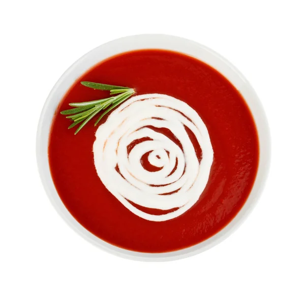 Schüssel Tomatensuppe Großaufnahme Isoliert Auf Weißem Hintergrund — Stockfoto