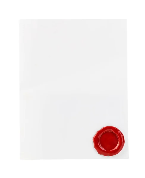 Witboek Met Rode Wax Zegel Close Geïsoleerd Witte Achtergrond — Stockfoto