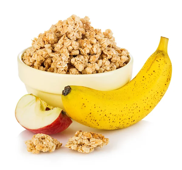 Cereales Desayuno Con Plátano Manzana Primer Plano Aislados Sobre Fondo —  Fotos de Stock