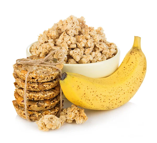 Cereales Desayuno Con Primer Plano Plátano Aislado Sobre Fondo Blanco —  Fotos de Stock