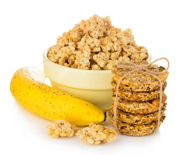 Cereales Desayuno Con Primer Plano Plátano Aislado Sobre Fondo Blanco —  Fotos de Stock
