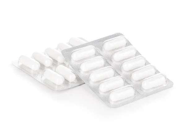 Таблетки Капсули Блістерній Упаковці Крупним Планом Ізольовані Білому Тлі — стокове фото