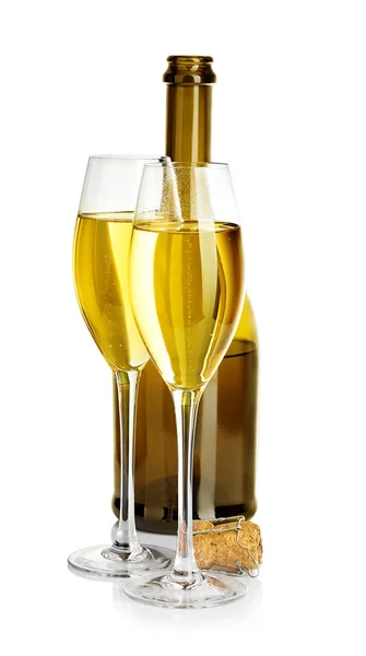 Two Glasses Champagne Background Brown Bottles Close Isolated White — Stock Photo, Image