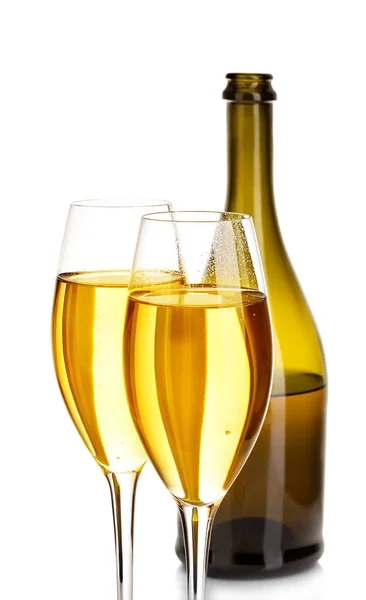 Two Glasses Champagne Background Brown Bottles Close Isolated White — Stock Photo, Image