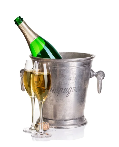 Bouteille Champagne Dans Seau Glace Avec Des Verres Champagne — Photo