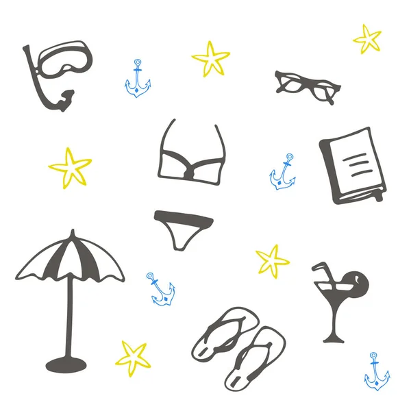 Set Été Avec Maillots Bain Tongs Parapluie Lunettes Soleil Livre — Image vectorielle