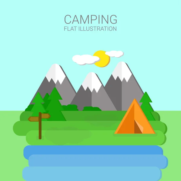 Ilustração Paisagem Estilo Plano Acampar Montagens Vector Summer Acampamento Floresta — Vetor de Stock