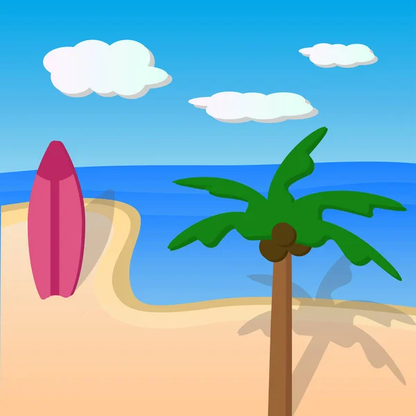 Summertime vector illustration. Beach landscape. Summer vacation near ocean. Palm tree with coconut