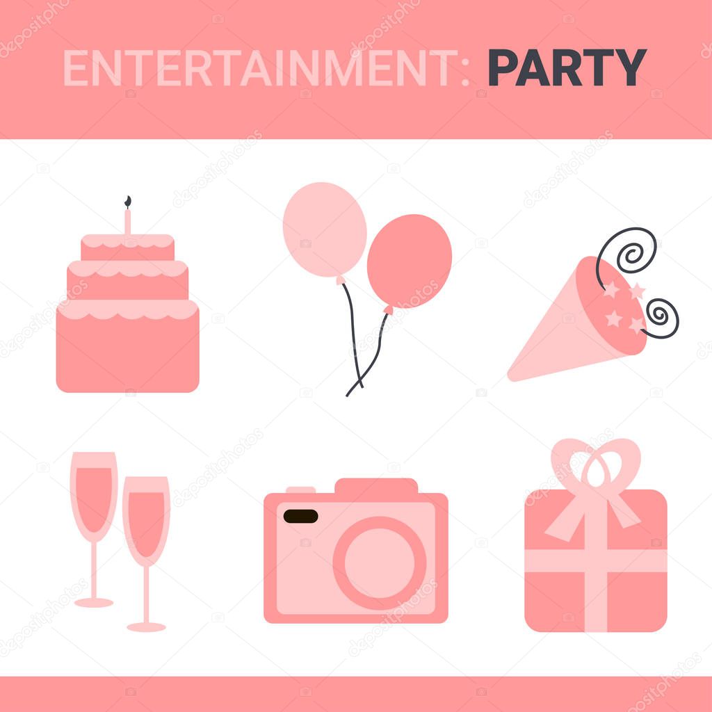 Set of vector flat icons about party. Entertainment illustration in pink colors.