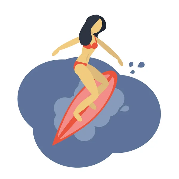 सर्फिंग लड़की समुद्र में लहरों को पकड़ने। पानी में बोर्ड पर चरित्र का ग्रीष्मकालीन वेक्टर चित्रण . — स्टॉक वेक्टर