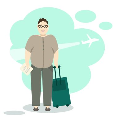 Uçakla seyahat bavul şişko adam. Gözlük içinde ayakta turist vektör çizim