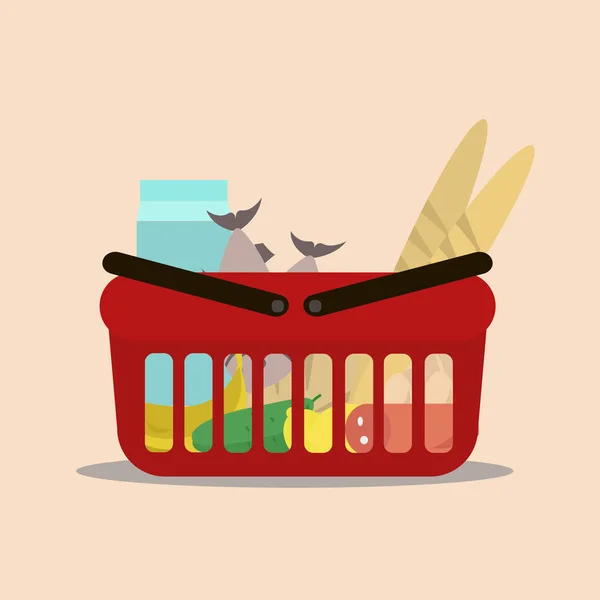 Supermarket basket full of fresh products. Vector illustration of food in shopping cart. — Stock Vector