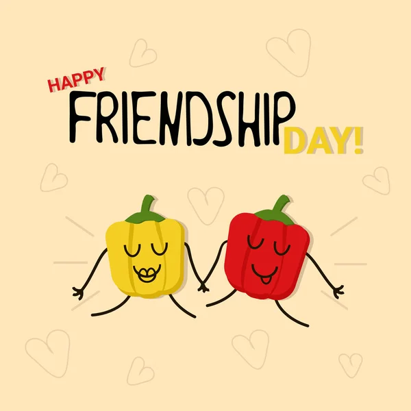 Glückwunschkarte Happy Friendship Day Zwei Bunte Paprika Lächeln Und Halten — Stockvektor